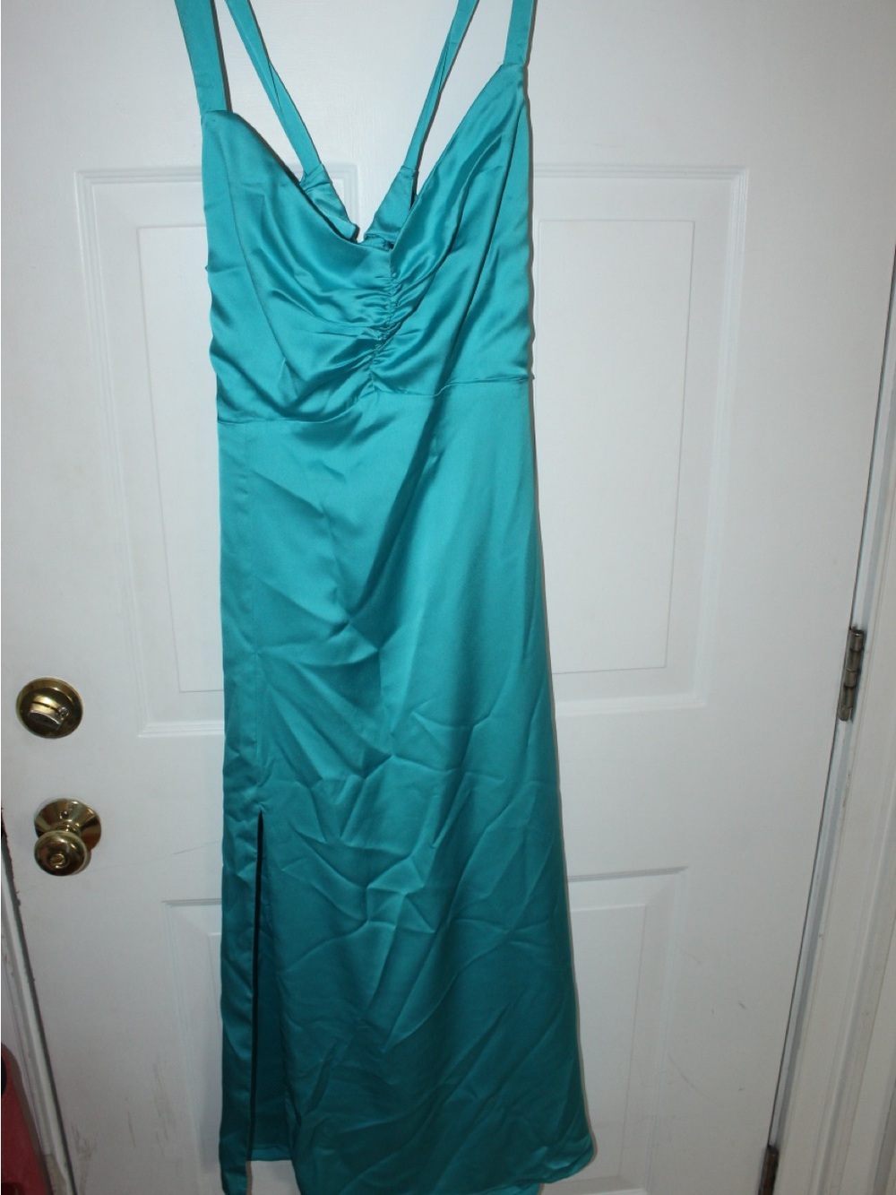 Show Me Your MuMu Teal Satin Maxi Dress with Side Slit